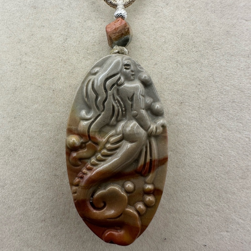 Polychrome Jasper Oval Mermaid Carving Pendant on Adjustable Rope with Silver - Picture 9 of 12